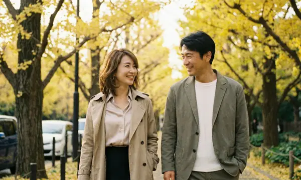 女性と男性が微笑み合いながら歩いている写真