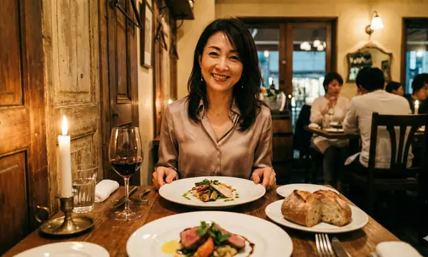 女性が食事をしている写真